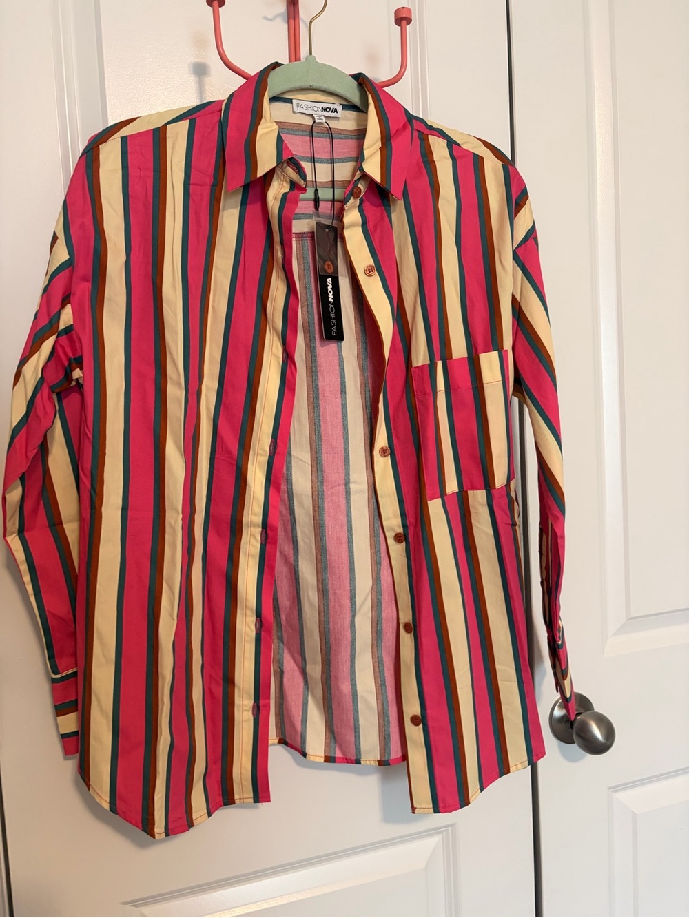 Fashion Nova Striped Button-Up Shirt - Pink & Yellow